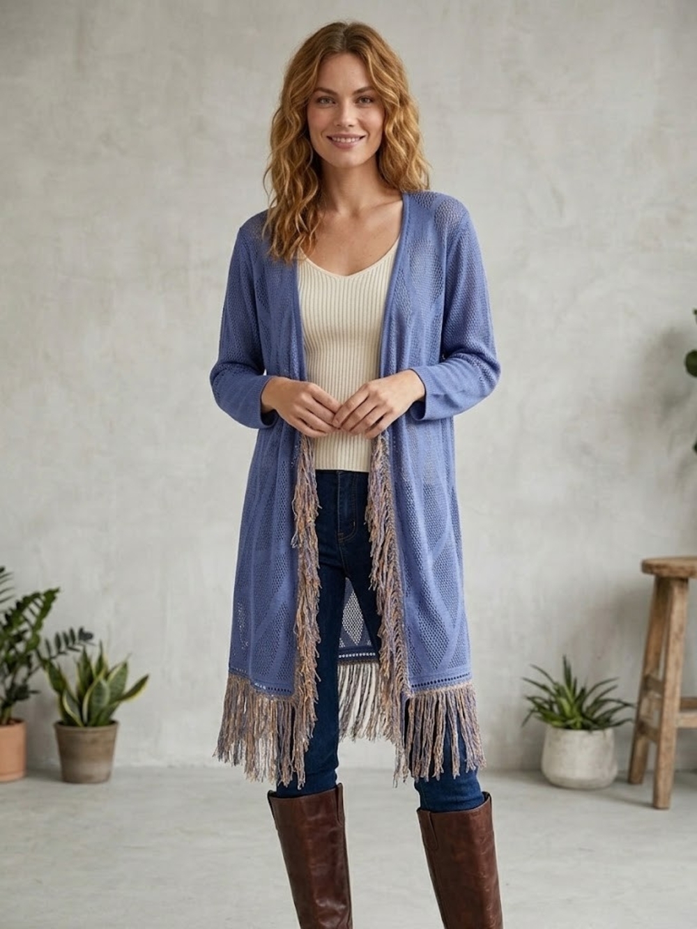 Lavender Open-Front Fringe Knit Cardigan Sweater Size L
